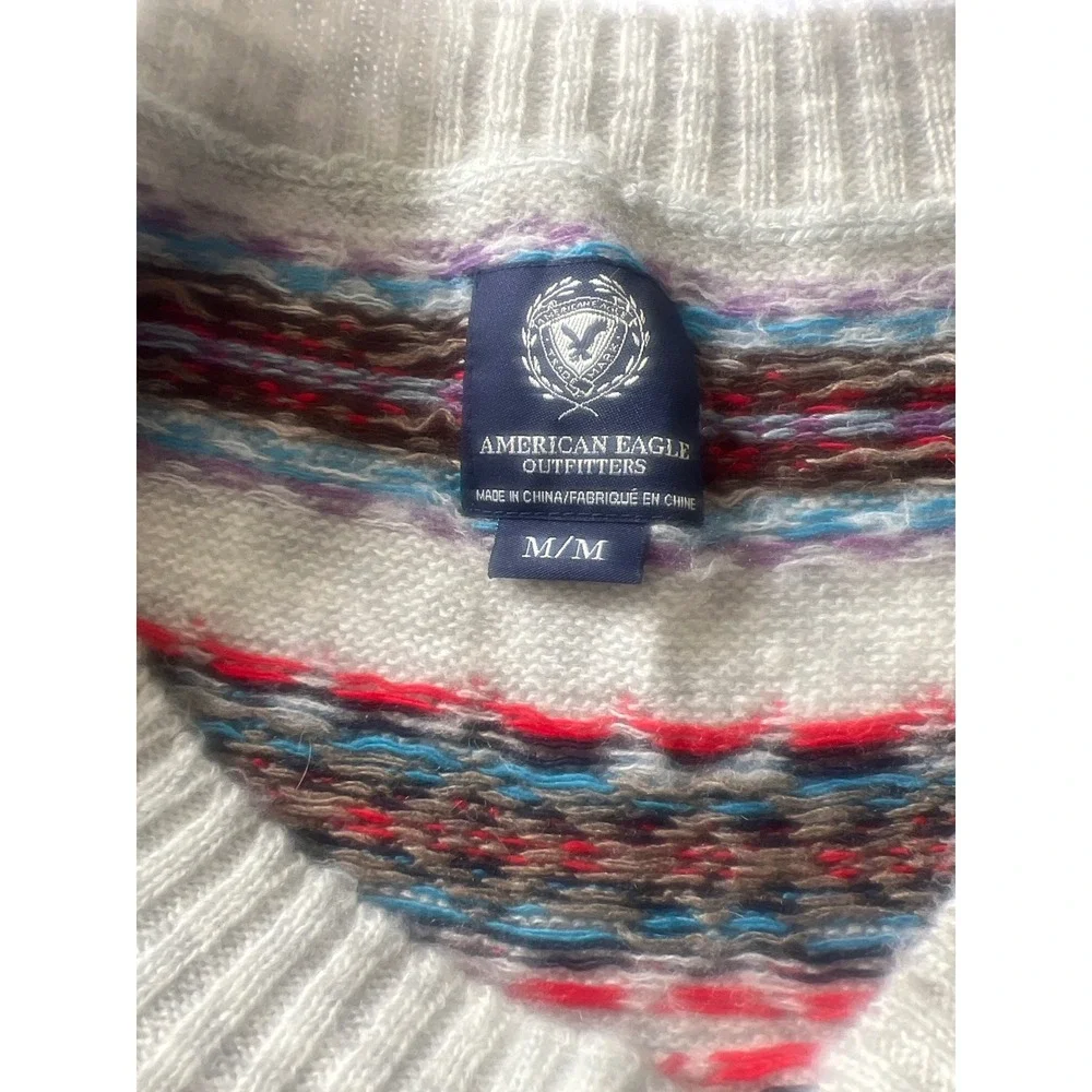 American Eagle Womens Fair Isle Wool Blend Off Shoulder Sweater Gray Blue Medium - Picture 2 of 4